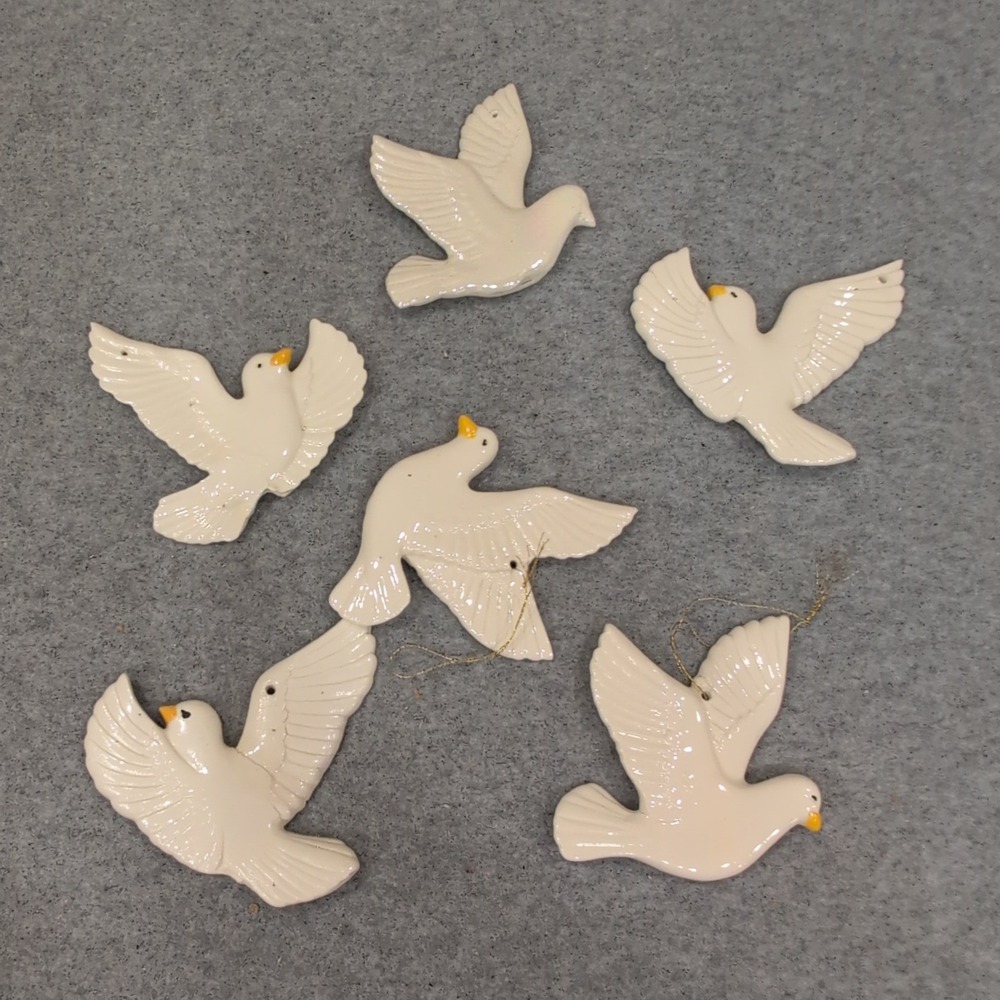 Handcrafted Ceramic White Dove Ornaments Set of 6 Glossy Bird Decor - Picture 5 of 6